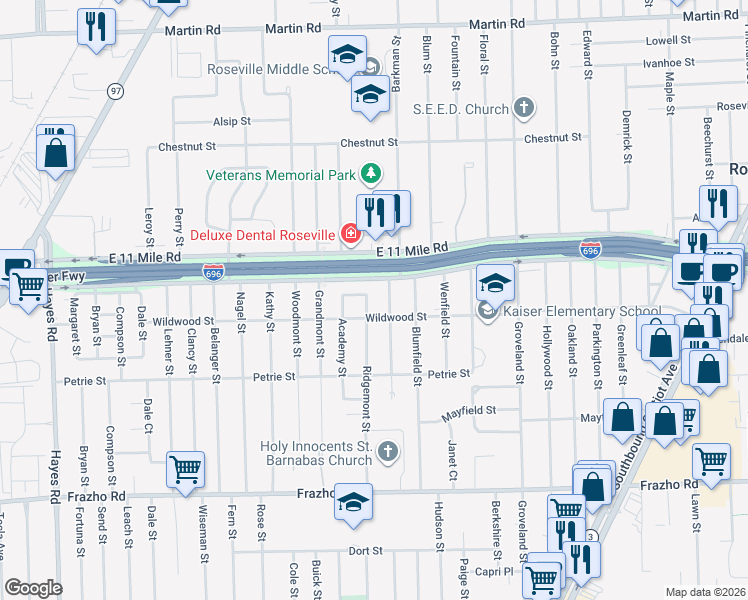 map of restaurants, bars, coffee shops, grocery stores, and more near 16250 East Eleven Mile Road in Roseville