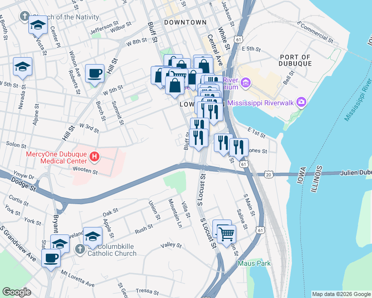 map of restaurants, bars, coffee shops, grocery stores, and more near 39 Bluff Street in Dubuque