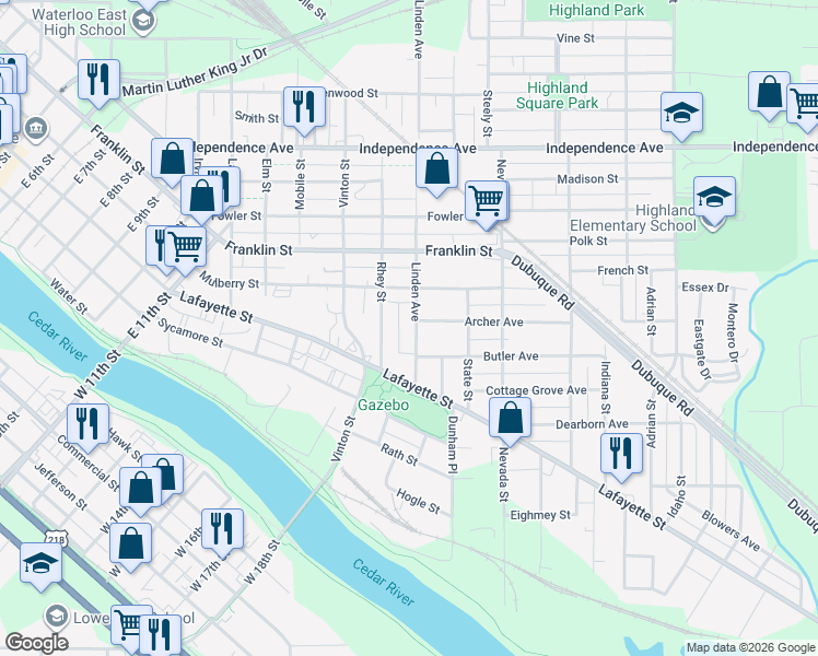 map of restaurants, bars, coffee shops, grocery stores, and more near 204 Rhey Street in Waterloo
