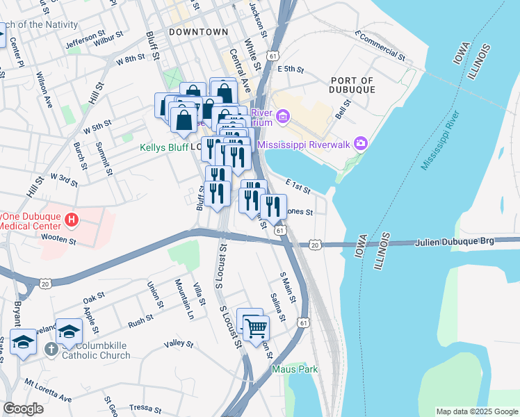 map of restaurants, bars, coffee shops, grocery stores, and more near 42 Main Street in Dubuque