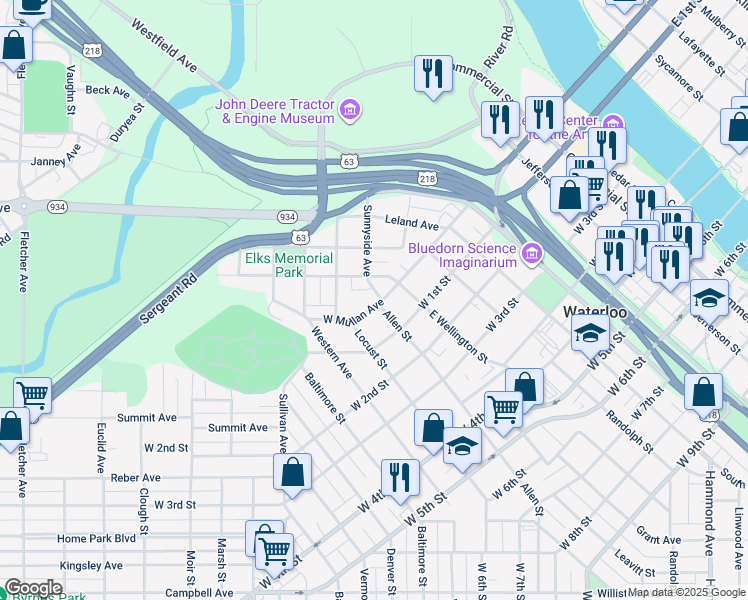 map of restaurants, bars, coffee shops, grocery stores, and more near 405 Sunnyside Avenue in Waterloo