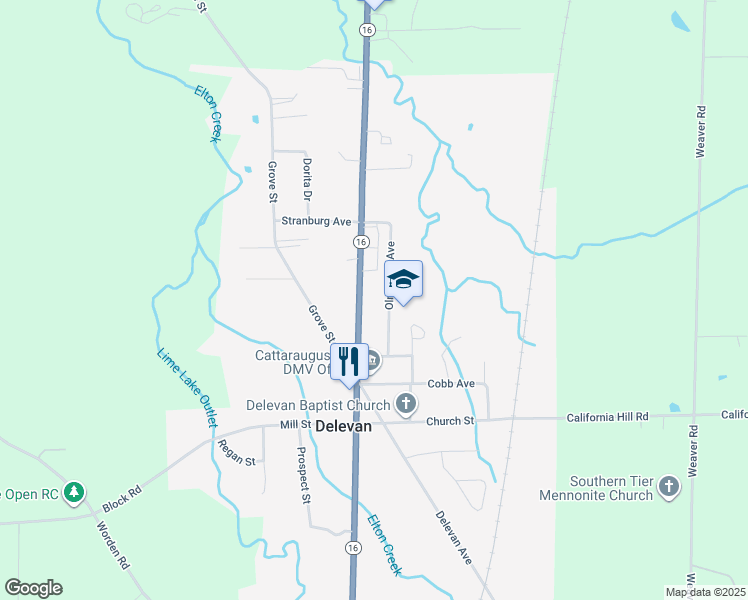 map of restaurants, bars, coffee shops, grocery stores, and more near 20 North Main Street in Delevan