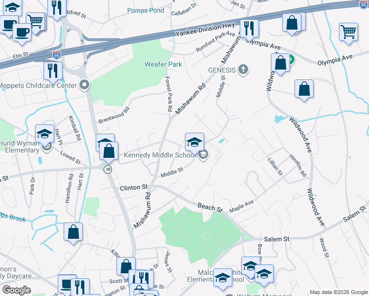 map of restaurants, bars, coffee shops, grocery stores, and more near 8 Fryeburg Road in Woburn