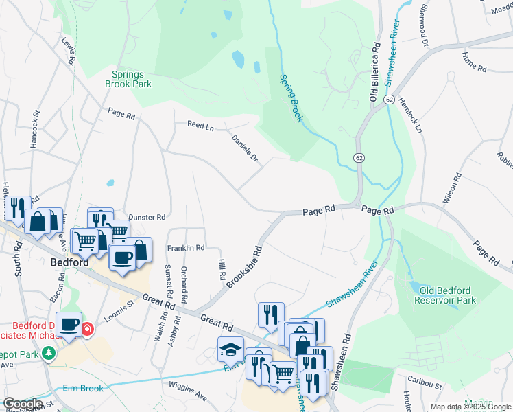 map of restaurants, bars, coffee shops, grocery stores, and more near 97 Page Road in Bedford