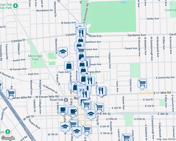 map of restaurants, bars, coffee shops, grocery stores, and more near 125 Pingree Boulevard in Royal Oak