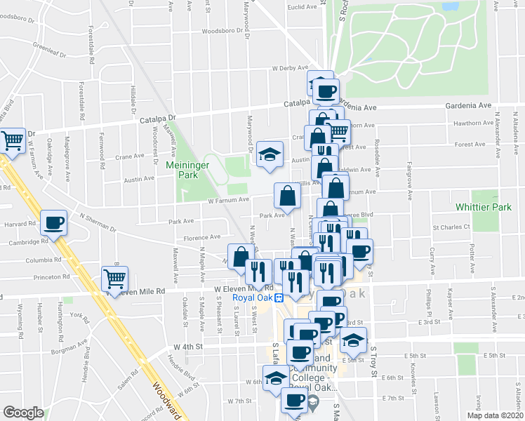 map of restaurants, bars, coffee shops, grocery stores, and more near 402 Park Avenue in Royal Oak