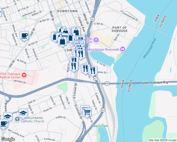 map of restaurants, bars, coffee shops, grocery stores, and more near 42 Main Street in Dubuque
