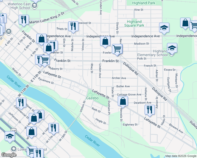 map of restaurants, bars, coffee shops, grocery stores, and more near 204 Rhey Street in Waterloo