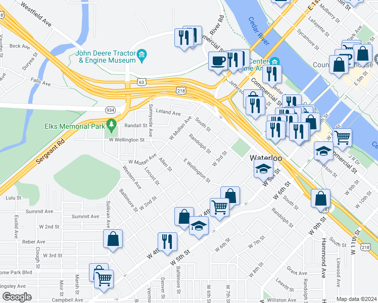 map of restaurants, bars, coffee shops, grocery stores, and more near 711 West 1st Street in Waterloo