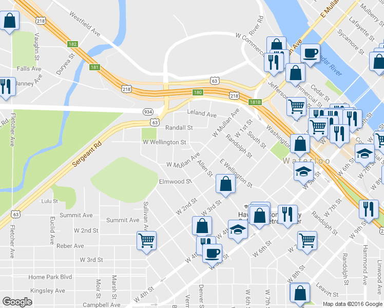 map of restaurants, bars, coffee shops, grocery stores, and more near 405 Sunnyside Avenue in Waterloo
