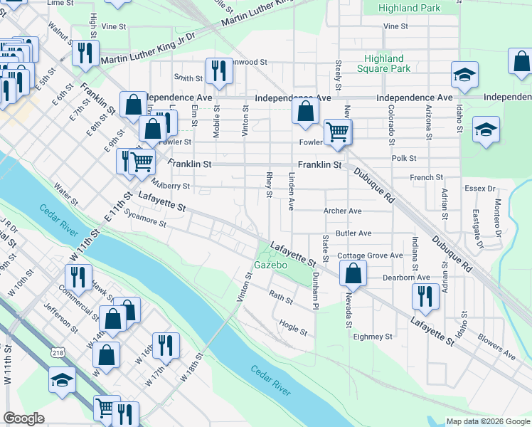 map of restaurants, bars, coffee shops, grocery stores, and more near 137 Rhey Street in Waterloo