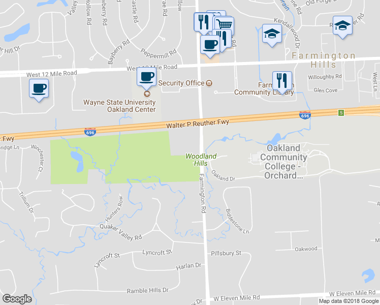 map of restaurants, bars, coffee shops, grocery stores, and more near 26705 Farmington Road in Farmington Hills