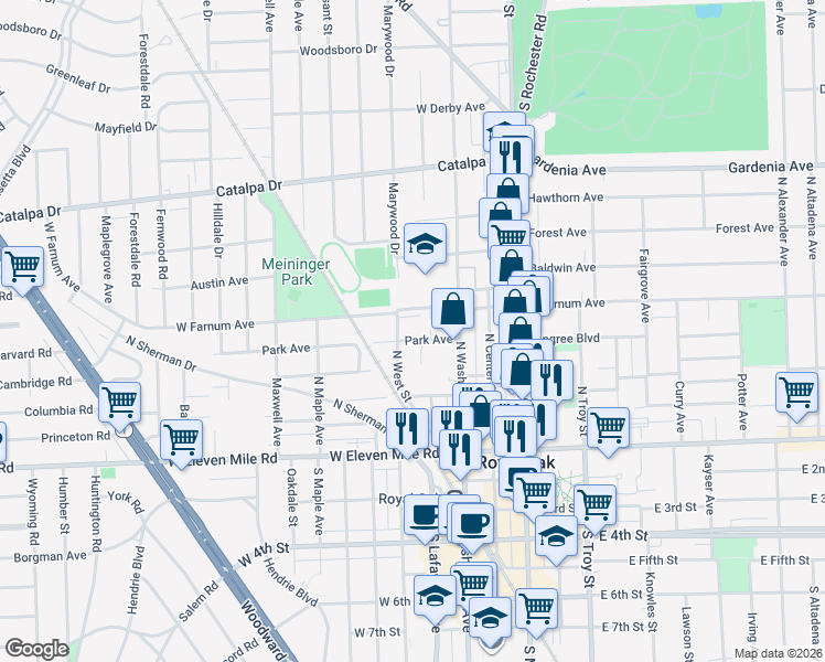 map of restaurants, bars, coffee shops, grocery stores, and more near 402 Park Avenue in Royal Oak
