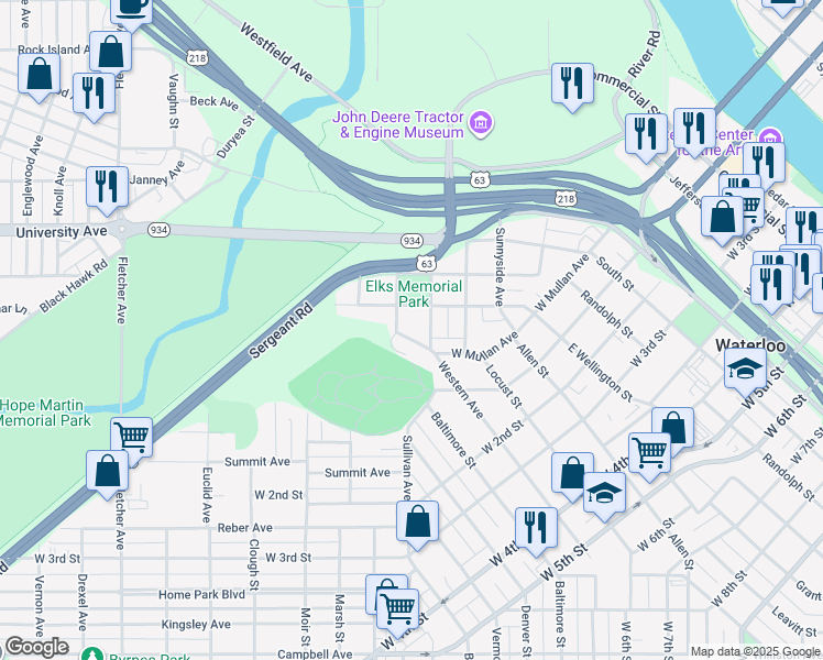 map of restaurants, bars, coffee shops, grocery stores, and more near 210 Norimer Street in Waterloo
