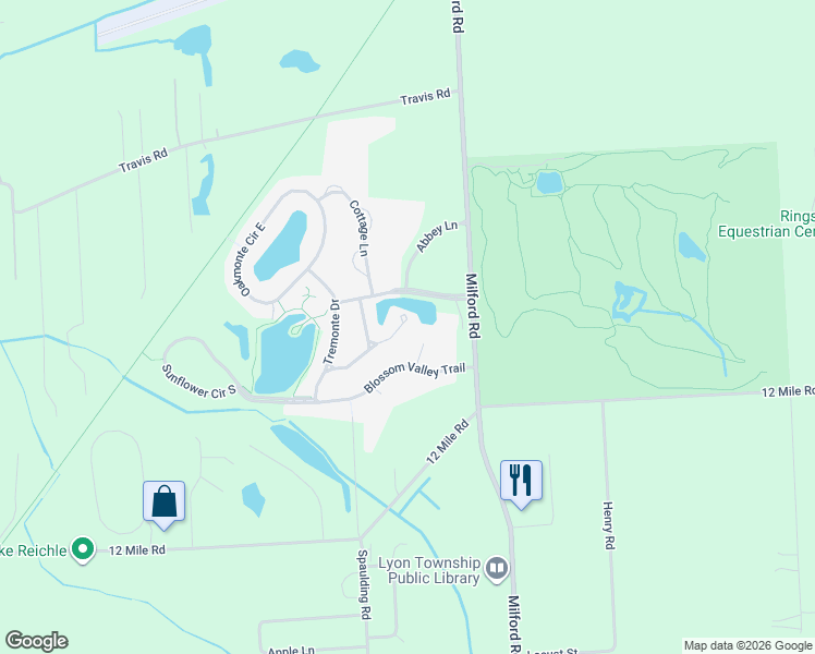 map of restaurants, bars, coffee shops, grocery stores, and more near 57347 Windmill Pointe in Lyon Charter Township
