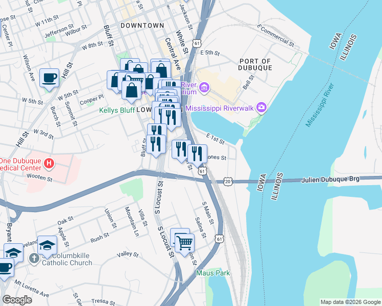 map of restaurants, bars, coffee shops, grocery stores, and more near Jones Street in Dubuque