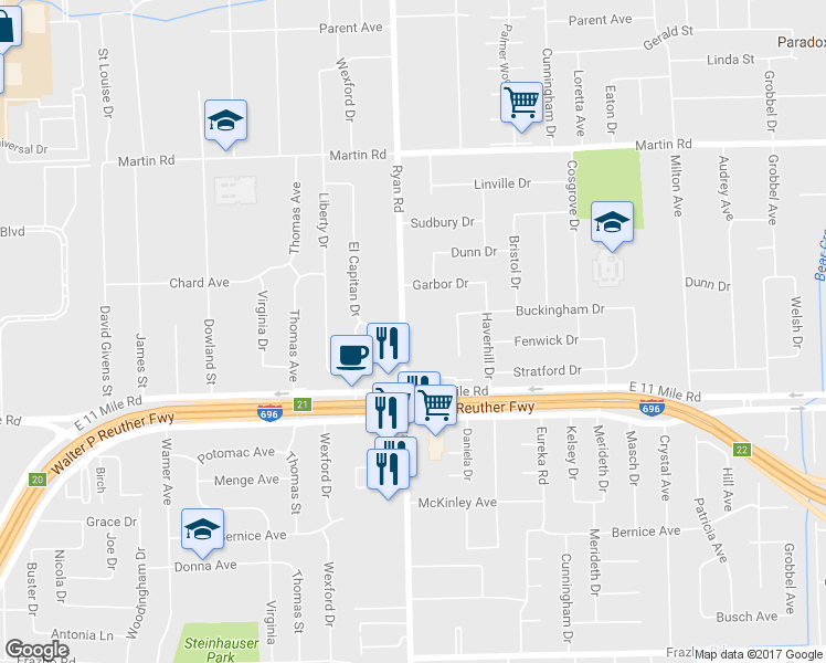 map of restaurants, bars, coffee shops, grocery stores, and more near 27244 Ryan Road in Warren