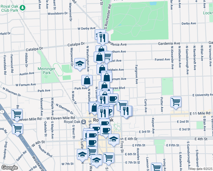 map of restaurants, bars, coffee shops, grocery stores, and more near 125 Pingree Boulevard in Royal Oak
