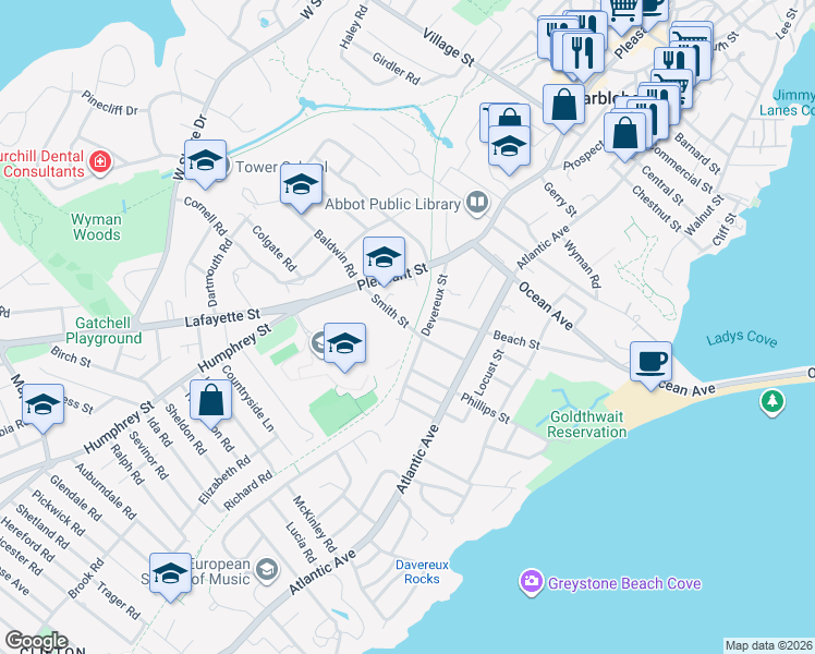 map of restaurants, bars, coffee shops, grocery stores, and more near 32 Smith Street in Marblehead