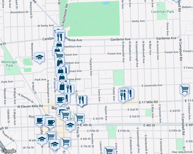 map of restaurants, bars, coffee shops, grocery stores, and more near 512 Fairgrove Avenue in Royal Oak