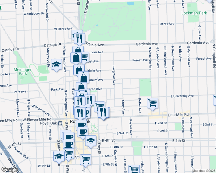 map of restaurants, bars, coffee shops, grocery stores, and more near 411 Pingree Boulevard in Royal Oak