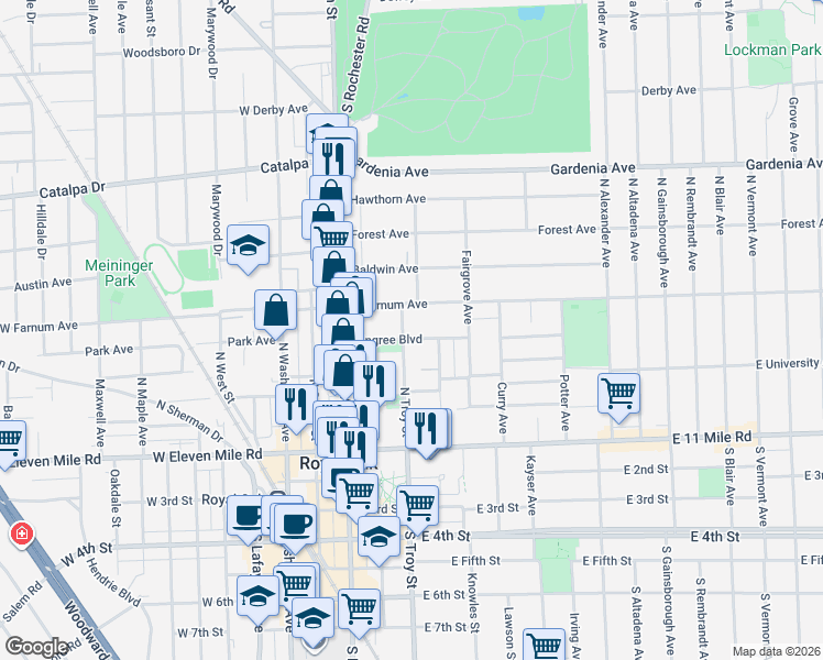 map of restaurants, bars, coffee shops, grocery stores, and more near 508 North Troy Street in Royal Oak