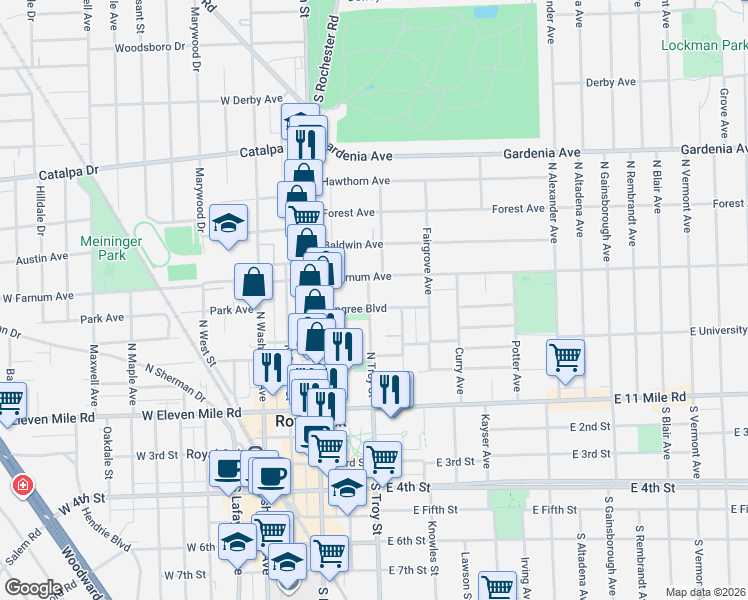 map of restaurants, bars, coffee shops, grocery stores, and more near 508 North Troy Street in Royal Oak