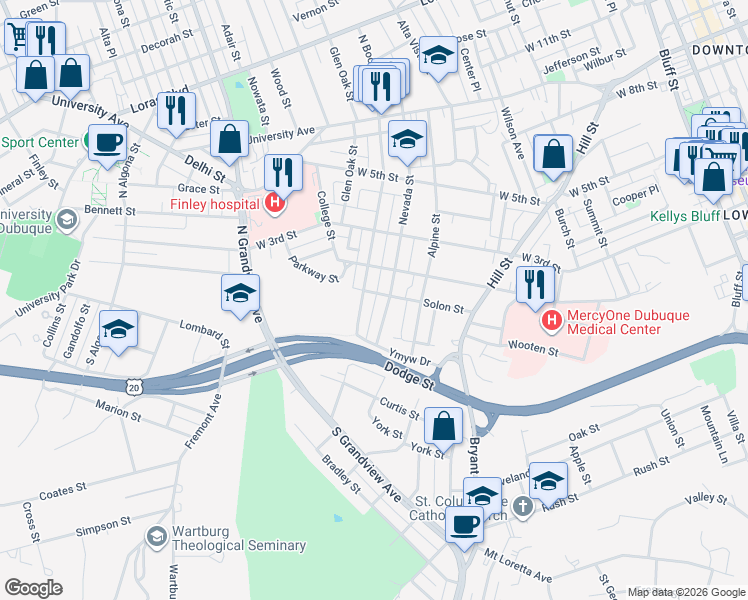 map of restaurants, bars, coffee shops, grocery stores, and more near 86-98 North Booth Street in Dubuque
