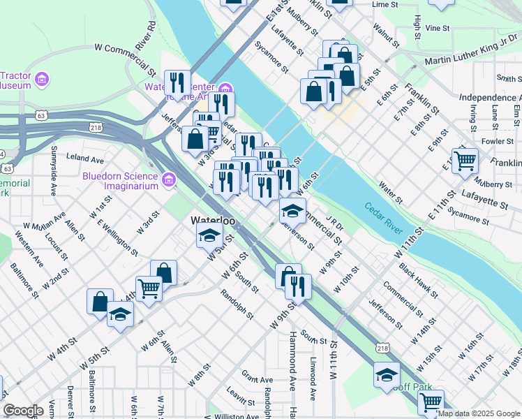 map of restaurants, bars, coffee shops, grocery stores, and more near 704-706 Jefferson Street in Waterloo
