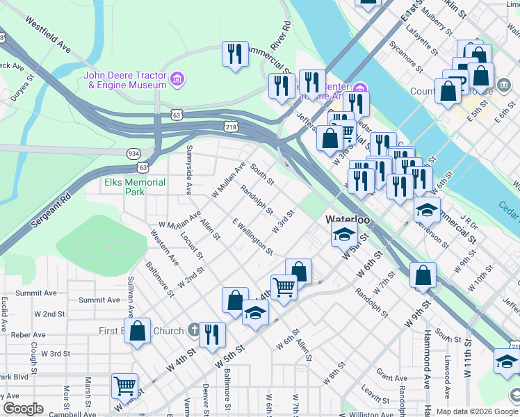 map of restaurants, bars, coffee shops, grocery stores, and more near 626 West 2nd Street in Waterloo