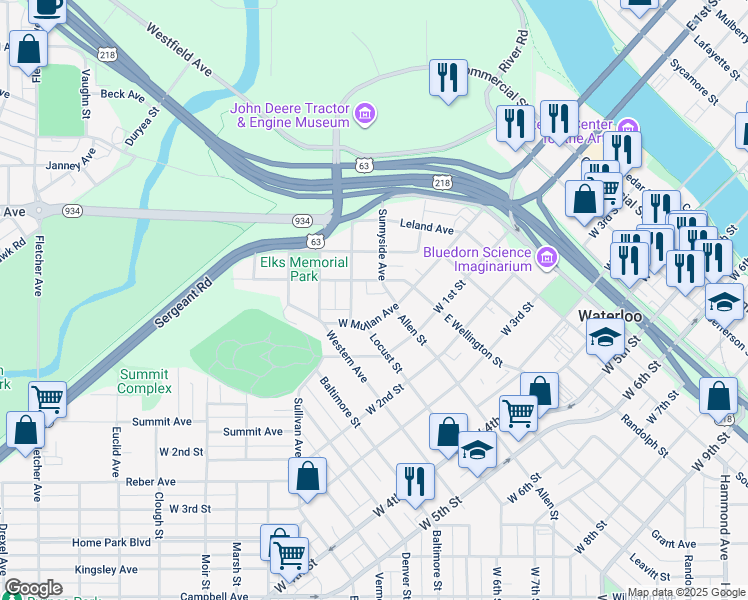 map of restaurants, bars, coffee shops, grocery stores, and more near 405 Sunnyside Avenue in Waterloo