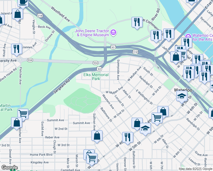 map of restaurants, bars, coffee shops, grocery stores, and more near 415 Oaklawn Avenue in Waterloo