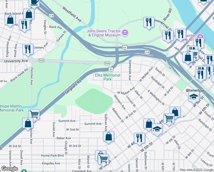 map of restaurants, bars, coffee shops, grocery stores, and more near 210 Norimer Street in Waterloo