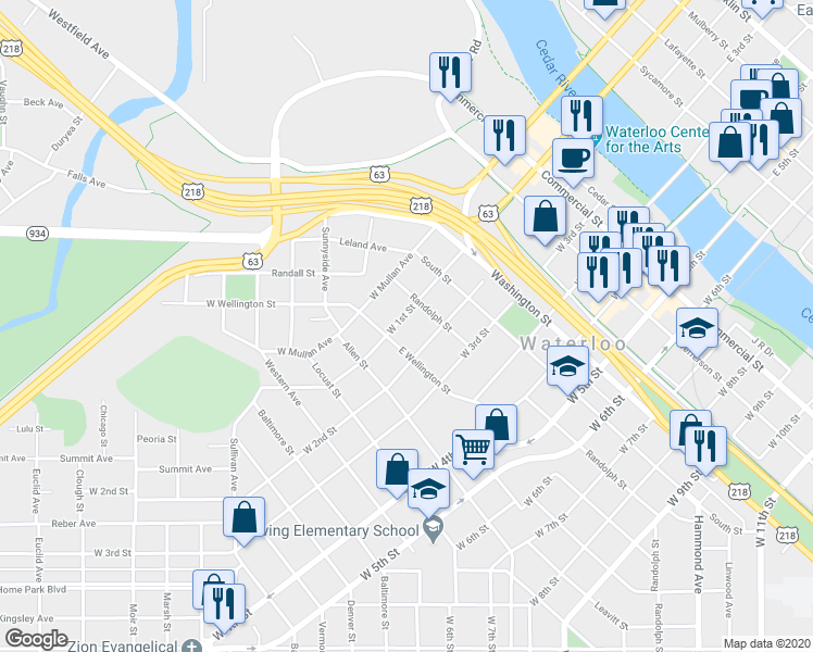 map of restaurants, bars, coffee shops, grocery stores, and more near 723 West 1st Street in Waterloo