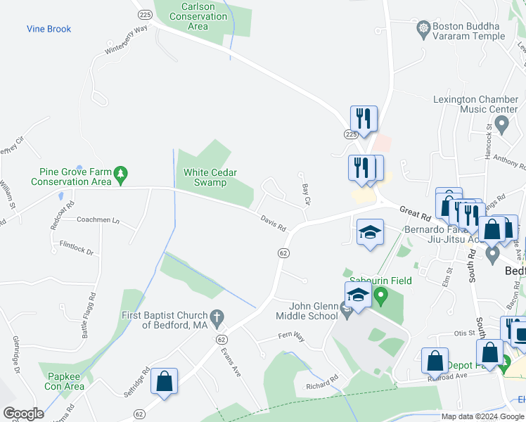 map of restaurants, bars, coffee shops, grocery stores, and more near 9 Davis Road in Bedford