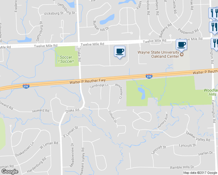 map of restaurants, bars, coffee shops, grocery stores, and more near 27263 Hampstead Boulevard in Farmington Hills
