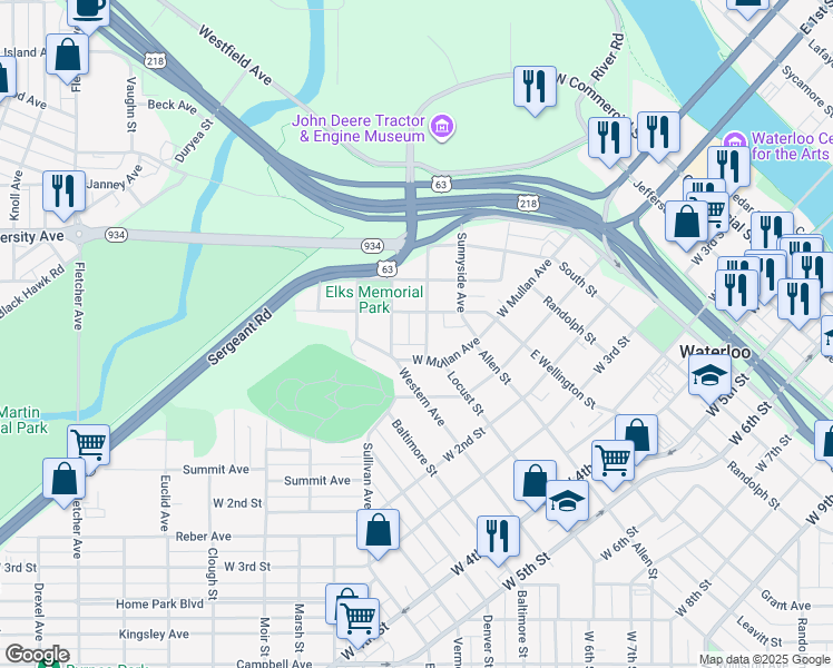 map of restaurants, bars, coffee shops, grocery stores, and more near 415 Oaklawn Avenue in Waterloo