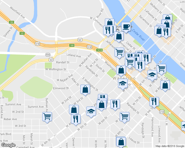 map of restaurants, bars, coffee shops, grocery stores, and more near 626 West 2nd Street in Waterloo