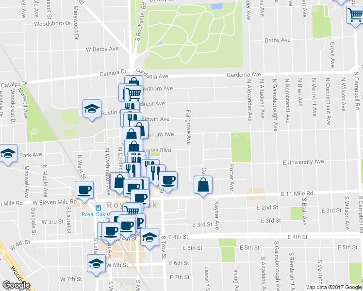 map of restaurants, bars, coffee shops, grocery stores, and more near 411 Pingree Boulevard in Royal Oak