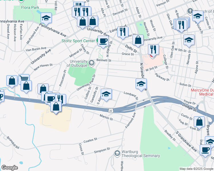 map of restaurants, bars, coffee shops, grocery stores, and more near 60 North Algona Street in Dubuque