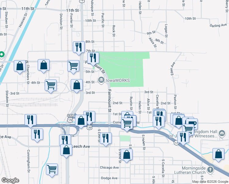 map of restaurants, bars, coffee shops, grocery stores, and more near 2701 3rd Street in Sioux City