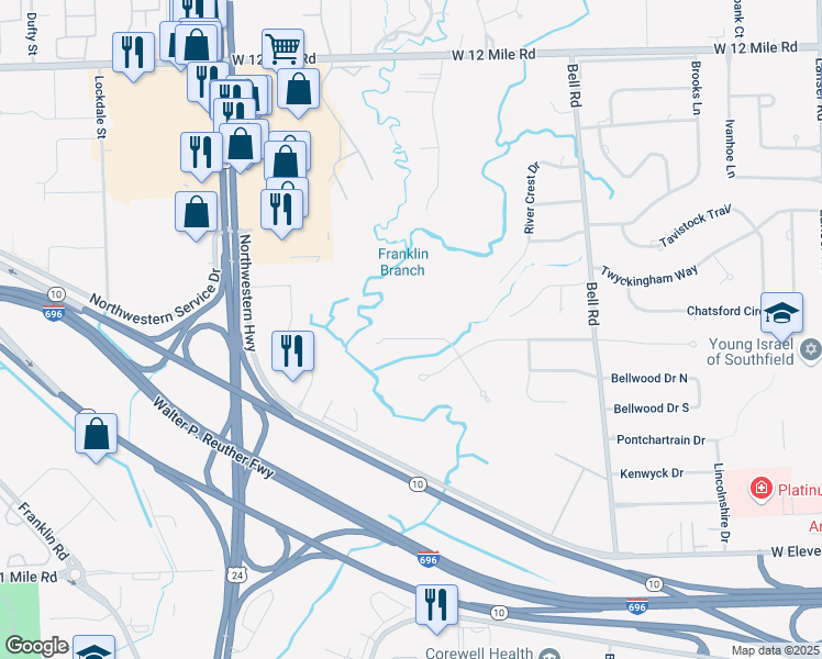 map of restaurants, bars, coffee shops, grocery stores, and more near 23700 Riverview Drive in Southfield