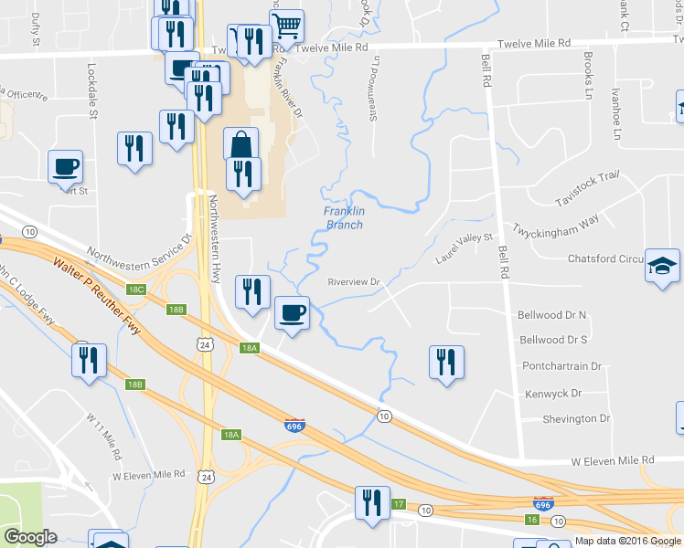 map of restaurants, bars, coffee shops, grocery stores, and more near 23700 Riverview Dr in Southfield