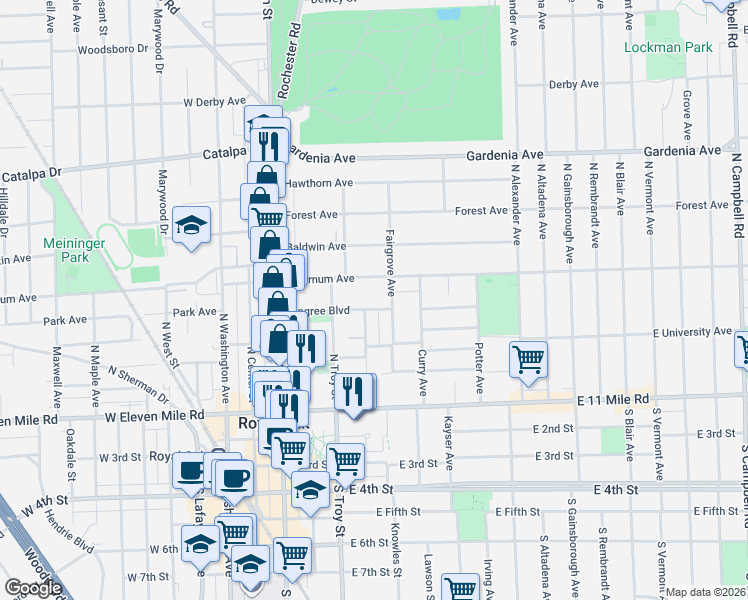 map of restaurants, bars, coffee shops, grocery stores, and more near 411 Pingree Boulevard in Royal Oak