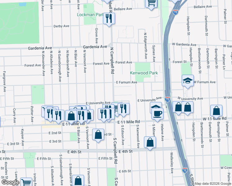 map of restaurants, bars, coffee shops, grocery stores, and more near 1715 Taylor Avenue in Royal Oak