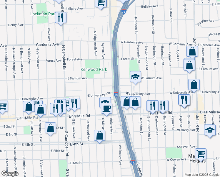 map of restaurants, bars, coffee shops, grocery stores, and more near 2226 Sprague Avenue in Royal Oak