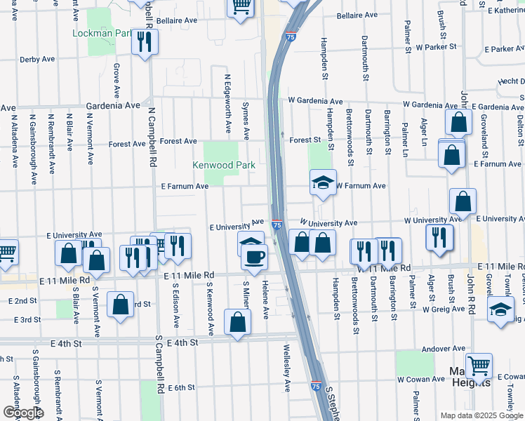 map of restaurants, bars, coffee shops, grocery stores, and more near 2226 Sprague Ave in Royal Oak