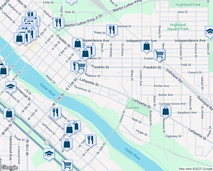 map of restaurants, bars, coffee shops, grocery stores, and more near 1515 Lafayette Street in Waterloo