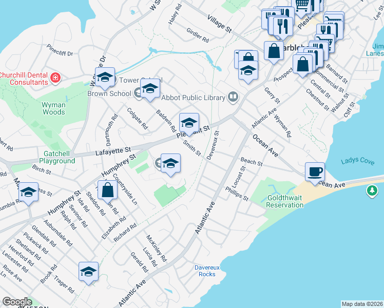 map of restaurants, bars, coffee shops, grocery stores, and more near 32 Smith Street in Marblehead