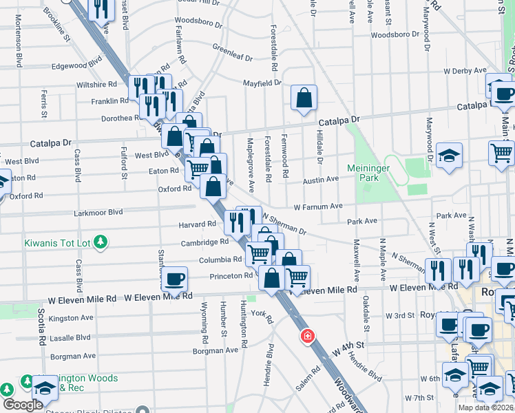 map of restaurants, bars, coffee shops, grocery stores, and more near 1415 West Farnum Avenue in Royal Oak
